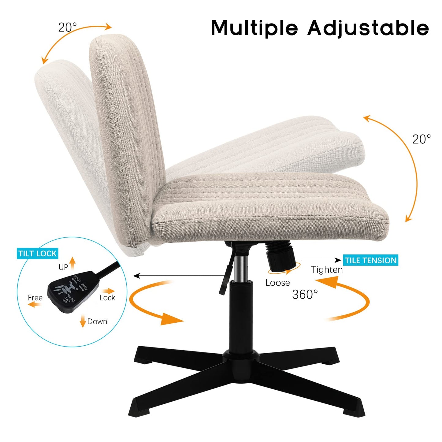 PUKAMI Criss Cross Chair,Comfy Cross Legged Office Desk Chair No Wheels,Cute Makeup Vanity Chair,Fabric Modern Swivel Height Adjustable Mid Back Wide Seat Computer Task Chair for Home Office( - WoodArtSupply