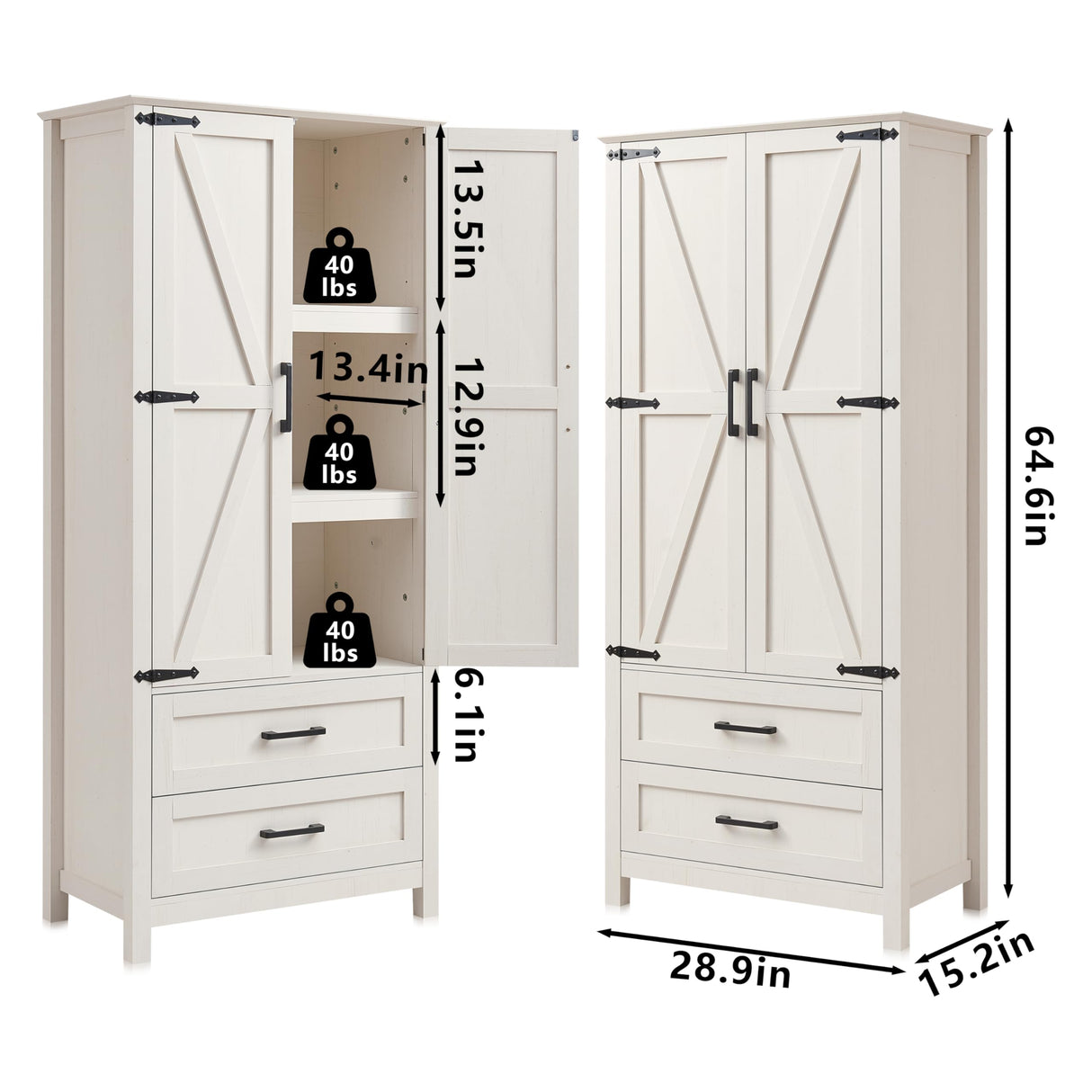 Alaxgumrol Kitchen Pantry Storage Cabinet, Food Pantry Cabinet with 2 Drawers & Adjustable Shelves & Barn Doors, Farmhouse Wood Pantry for Kitchen, Dining Room, Living Room, Bathroom, White Alaxgumrol