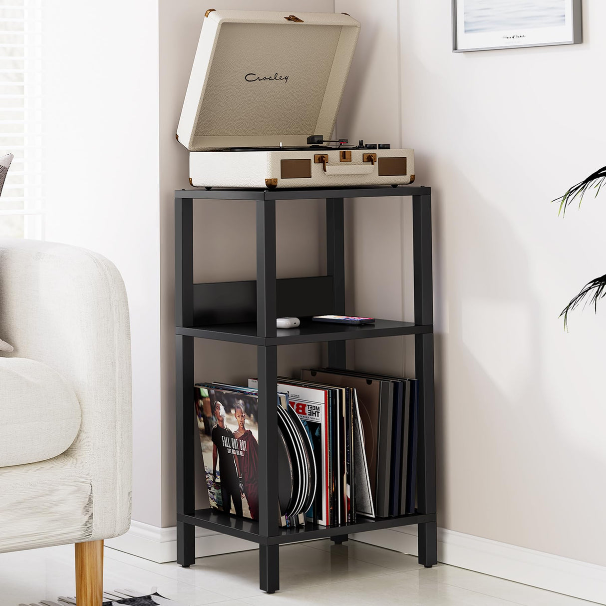 TUTOTAK Record Player Stand with Storage Up to 100 Albums,Record Storage Table,3 Tier End Table,Side Table for Living Room, Bedroom, Black TB01BK075 TUTOTAK