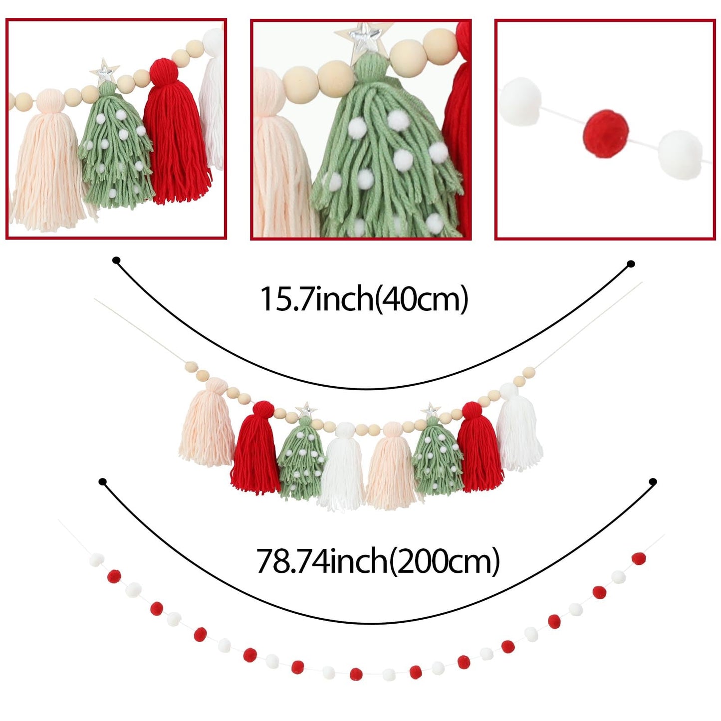 Christmas Tassel Garland Banner with Wood Beads and Pom Pom Garlands Wall Hanging Home Decor for Christmas