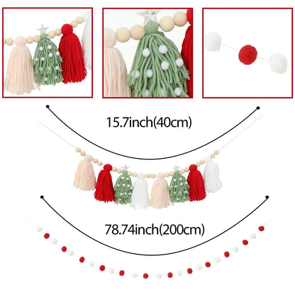 Christmas Tassel Garland Banner with Wood Beads and Pom Pom Garlands Wall Hanging Home Decor for Christmas