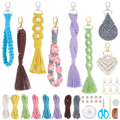 INFUNLY 8 Set DIY Macrame Wristlet Keychain Kits for Adults Colorful Macrame Cord Knotting Kit Boho Mini Macrame Tassel Keychain with Instruction + Video for Car Key Purse Phone Wallet Charm INFUNLY