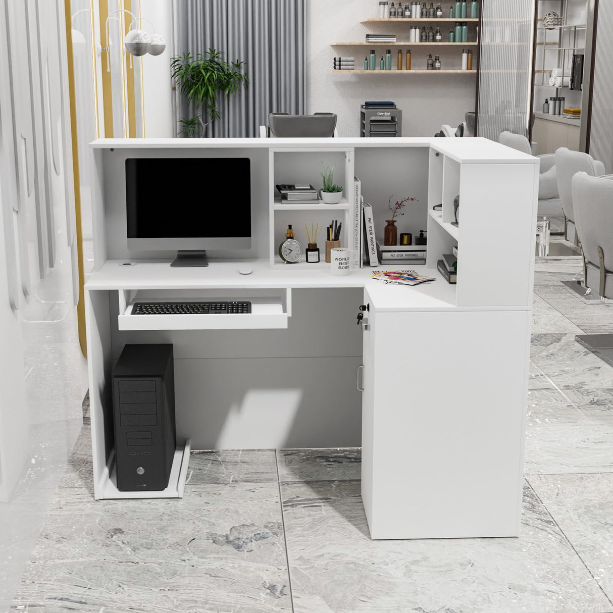 OmySalon Modern Reception Desk, L-Shaped Front Desk with Moveable Shelves and Lockable Drawers, Retail Checkout Counter Table, for Lobby Beauty Salon Office, White (55.9" W x 18.9" D x 48" H) OmySalon