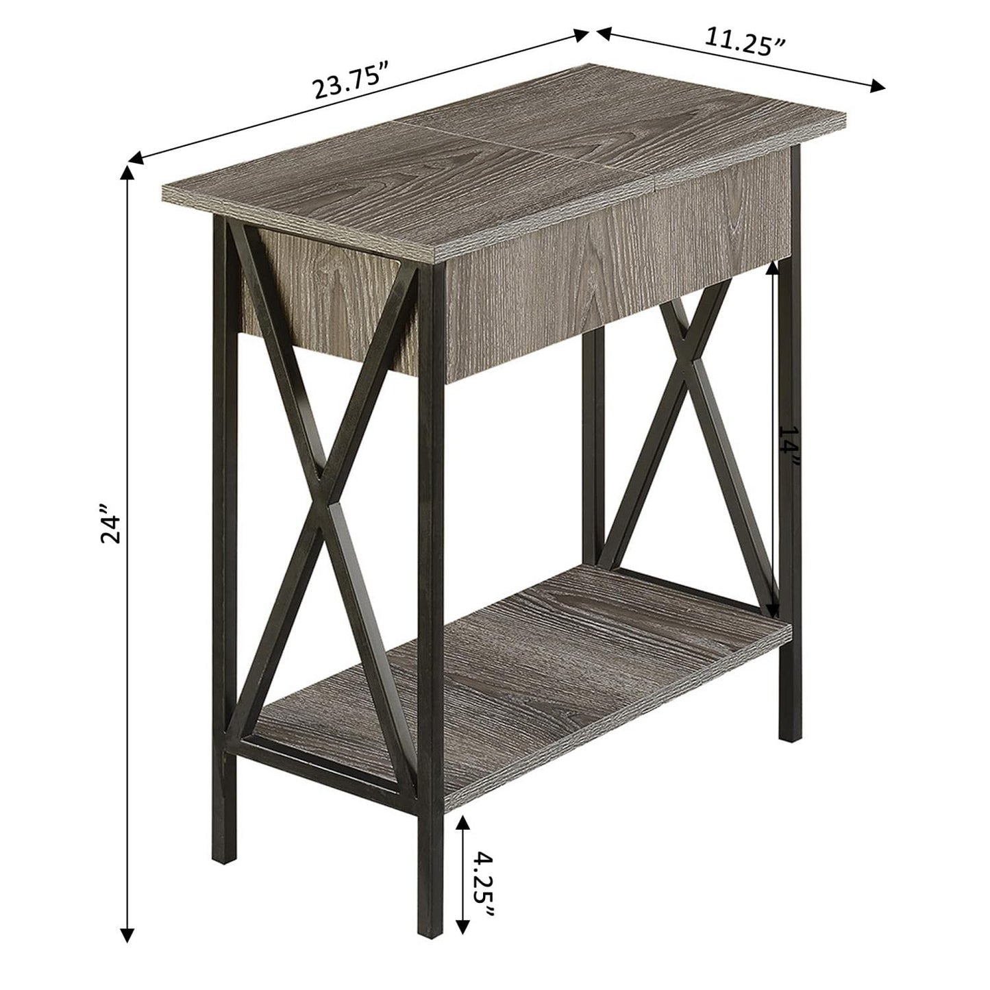 Convenience Concepts Tucson Flip Top End Table with Charging Station and Shelf, Weathered Gray