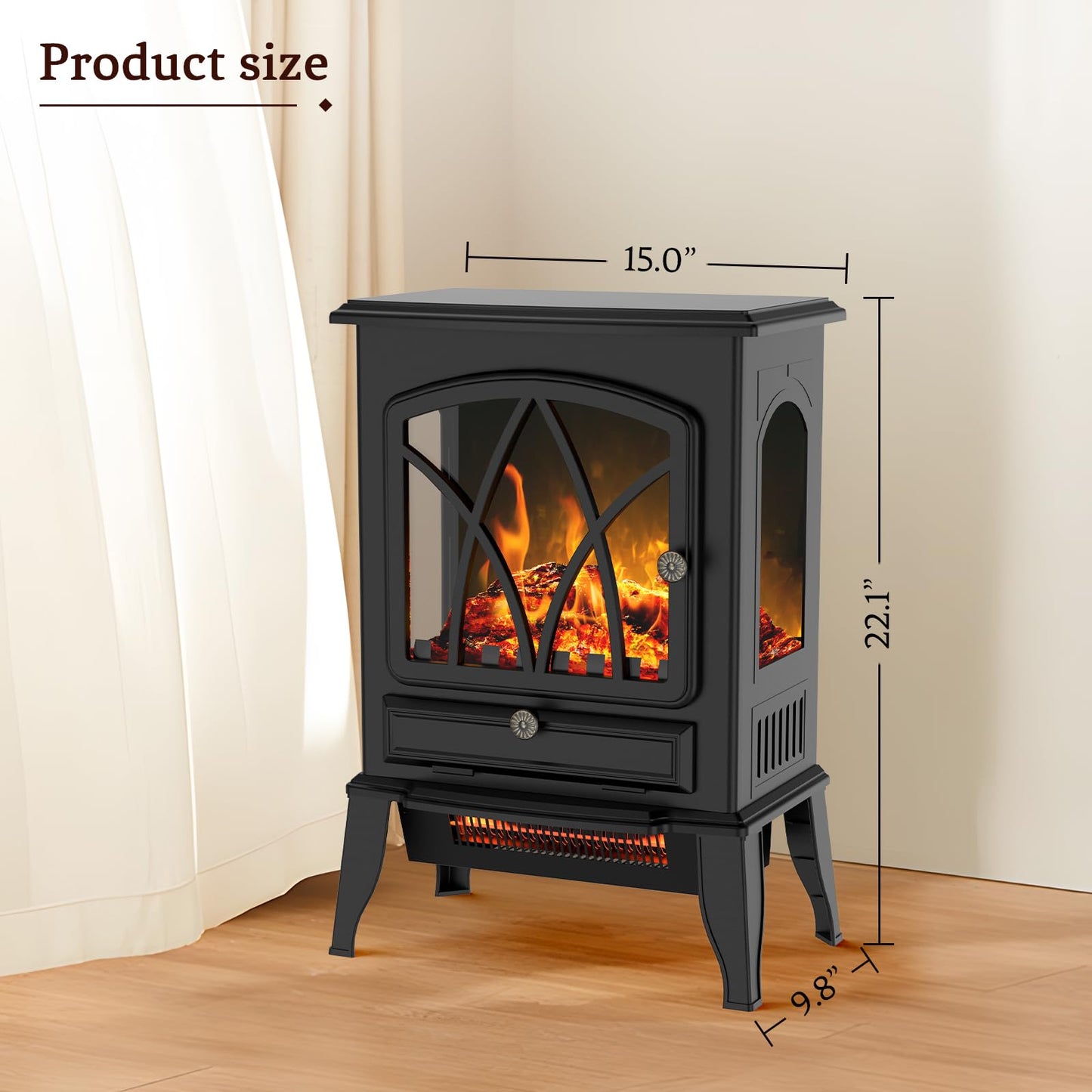 Electric Fireplace Stove with Realistic Flame Effects, 16" Infrared Fireplace Heater Freestanding, Adjustable Brightness and Thermostat, Overheating Safe Design, 1000W/1500W