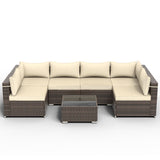 VONZOY Outdoor Patio Furniture Set 7 Pieces Sectional Rattan Sofa Set, PE Rattan Wicker Patio Conversation Set with 6 Seat Cushions and 1 Tempered Glass Table and Furniture Cover, Brown VONZOY