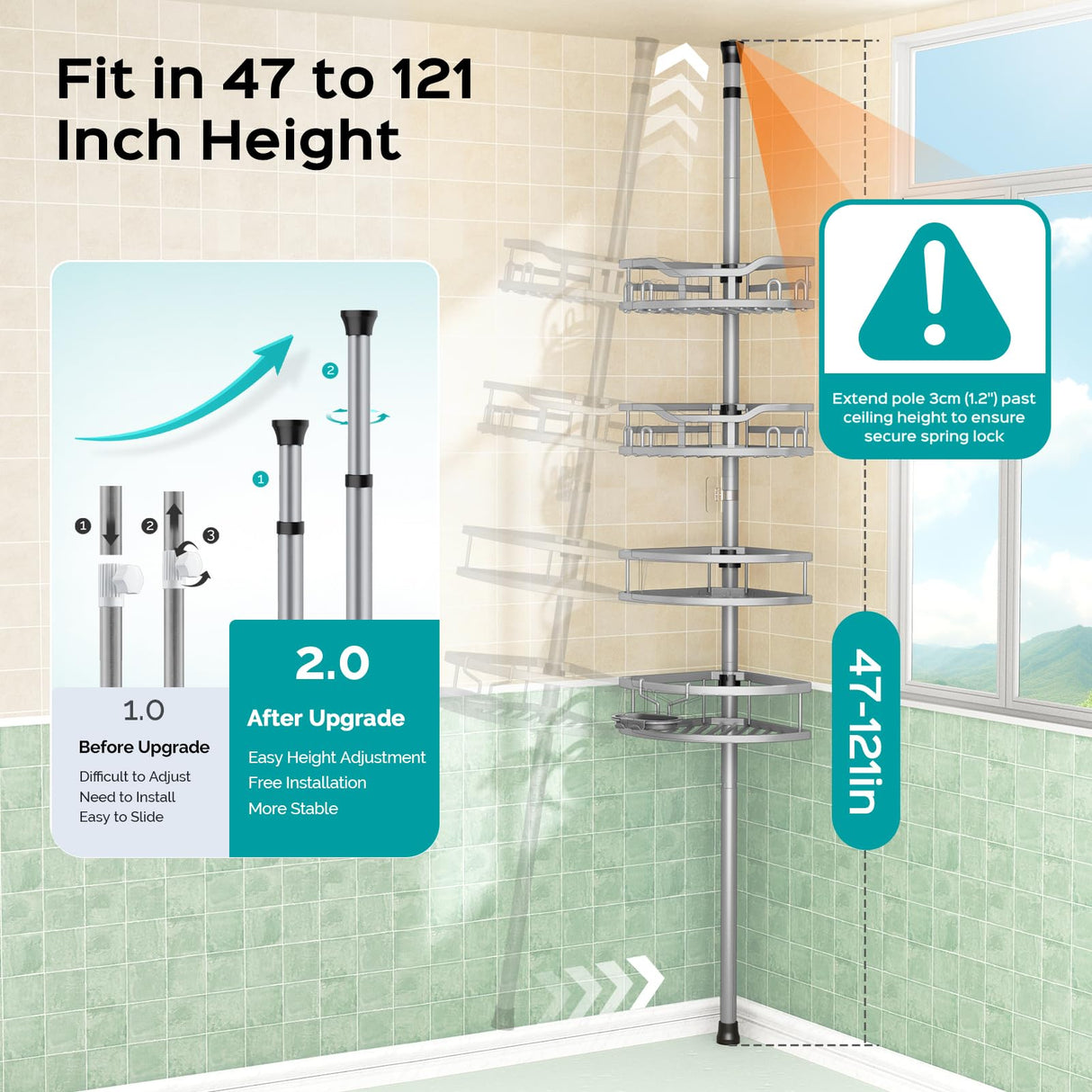 HAMITOR Corner Shower Caddy Tension Pole: Rustproof 4-Tier Bathroom Organizer Shelves for Bathtub Shampoo Storage - 47-121 Inch Quick Install Adjustable Rod Standing Rack with Soap Rack - Silver Gray HAMITOR