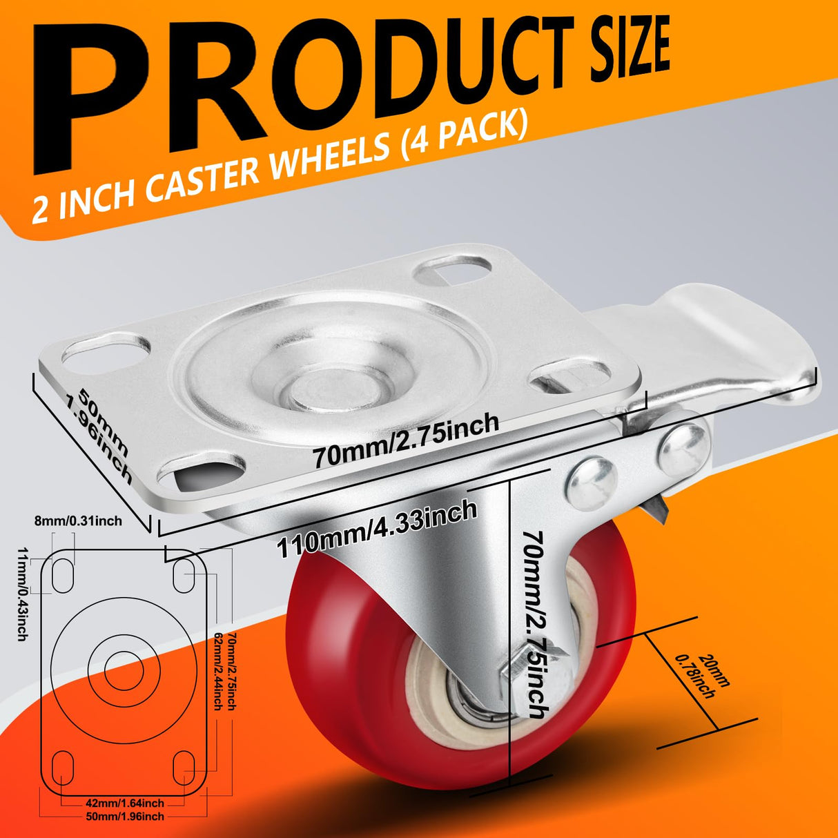 Caster Wheels 2 Inch, Heavy Duty Caster Wheels Set of 4, Swivel Castor Wheels with Dual Locking Brakes, Silent Polyurethane (PU), 360° Rotation, for Furniture and Workbench, Load 600lbs PUIPUM