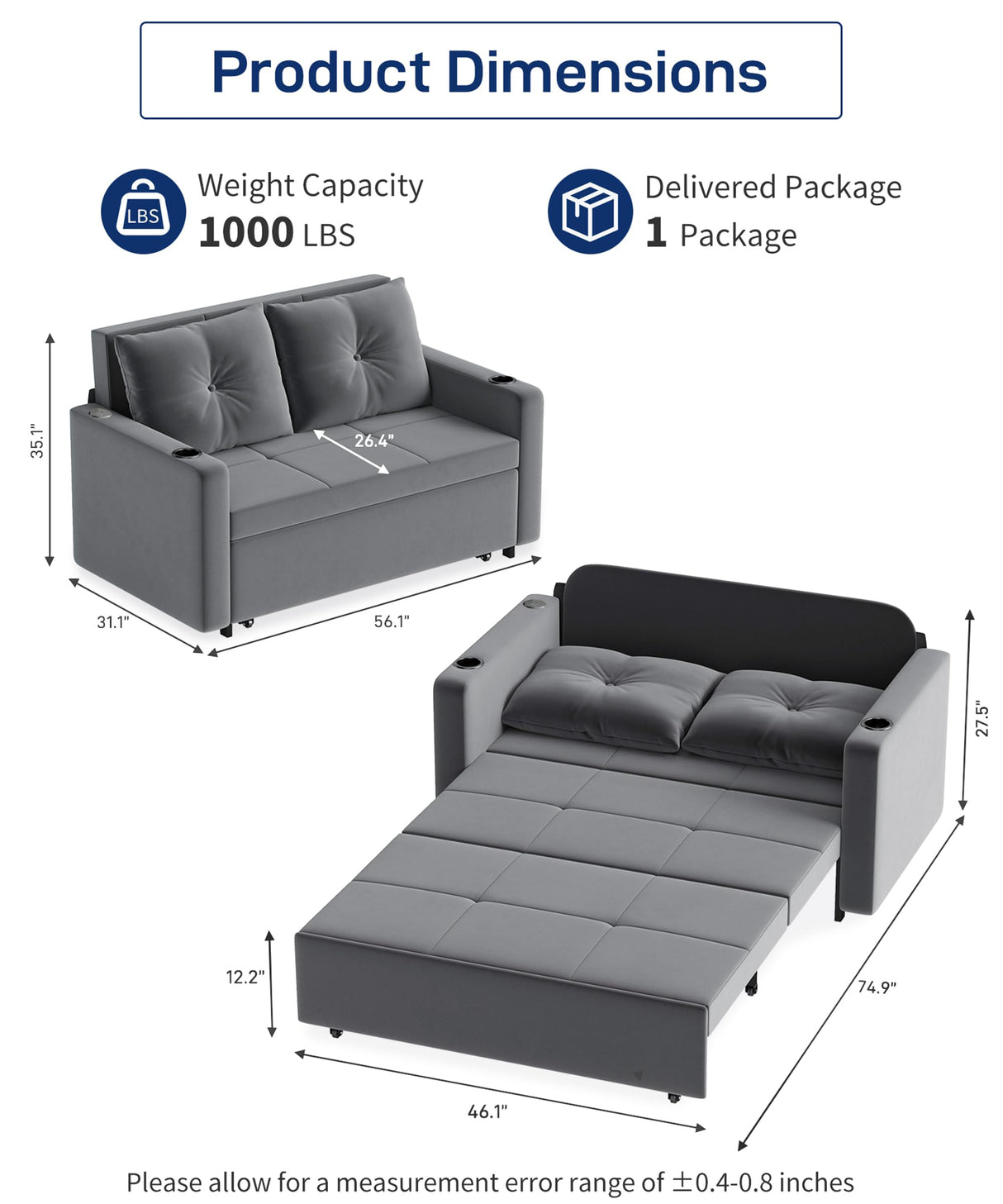 Krcix 3 in 1 Pull Out Couch, 56 Inch Velvet Sofa Bed, Convertible Loveseat Sleeper Sofa for Living Room, Small Space, Upholstered Couch Bed with USB, Cup Holder(Grey) Krcix
