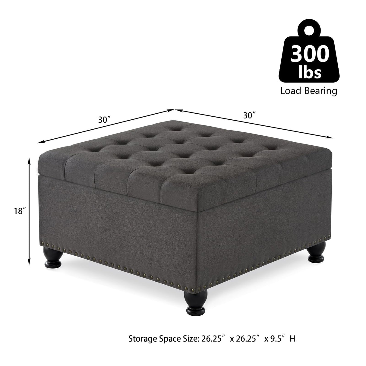 GOAWGO Large Square Storage Ottoman Upholstered Button Tufted Coffee Table with Rubber Wood Legs, Linen Fabric Foot Stool Oversized Ottoman Foot Rest for Sofa Couch Living Room Bedroom, Dark Grey GOAWGO