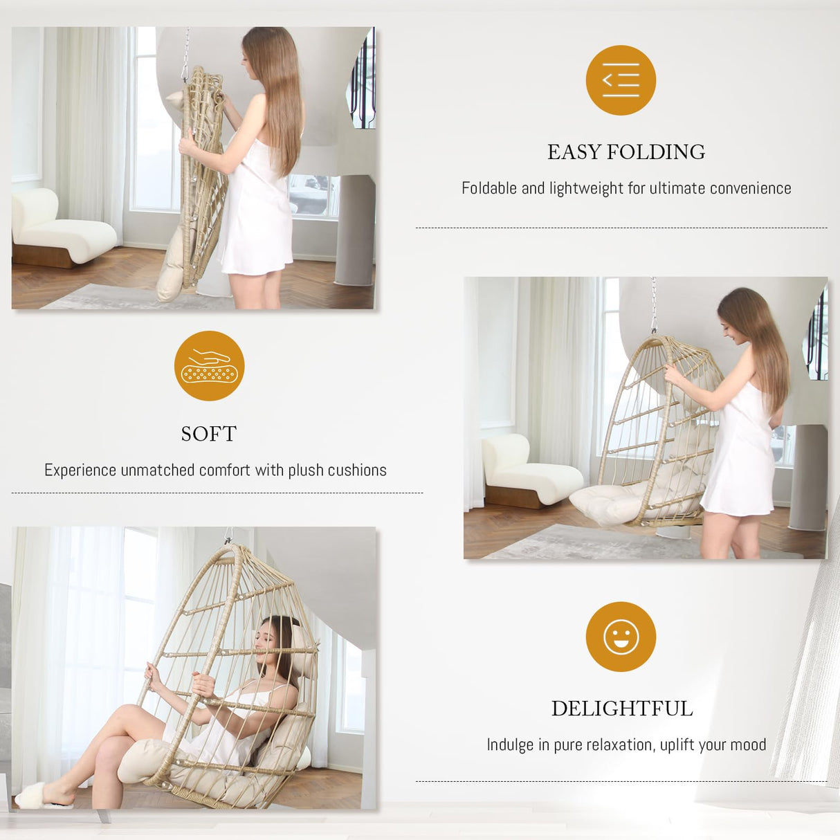 Swing Egg Chair Without Stand Indoor Outdoor Wicker Rattan Patio Basket Hanging Chair no Stand with UV Resistant Cushions 265lbs Capacity for Bedroom Balcony Patio (Beige) BULEXYARD