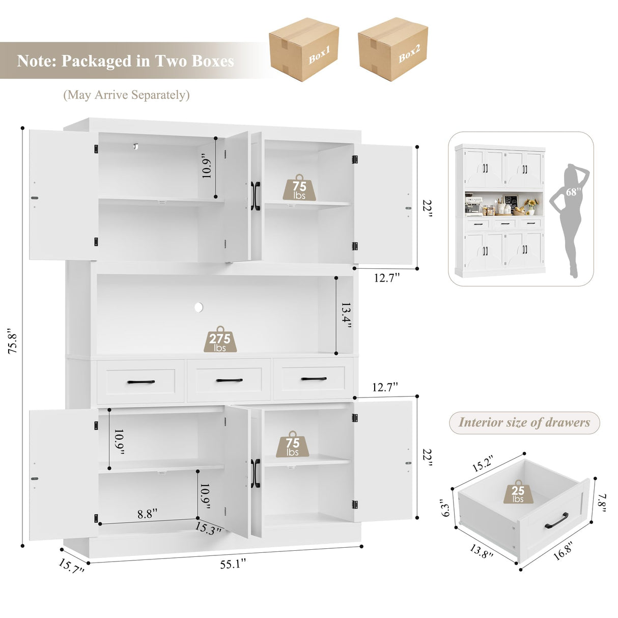 HITHOS 76" Tall Kitchen Pantry Storage Cabinet, 55“ Wide Kitchen Hutch Cabinet with Storage Drawers, Large Food Pantry with Microwave Stand, Modern Cupboard with Hutch for Dining Living Room, White HITHOS