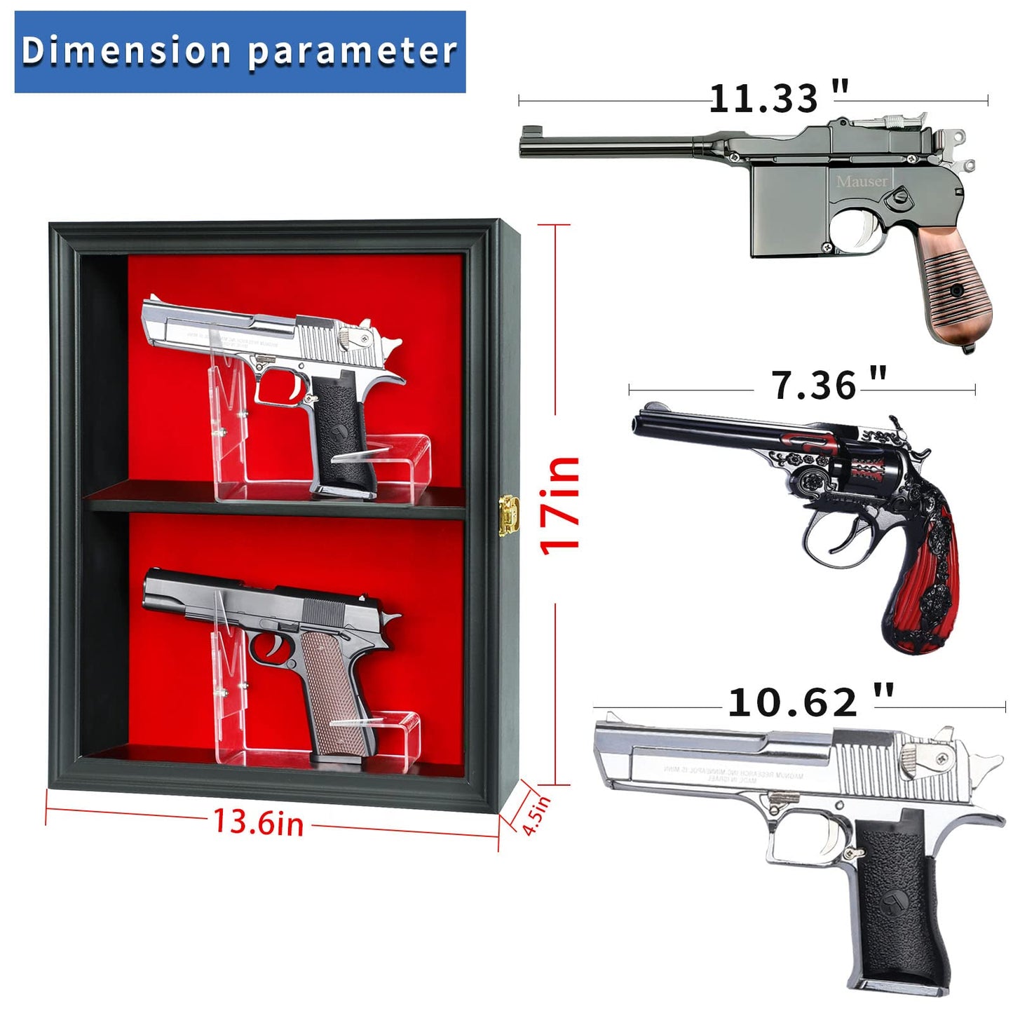 HOROW 2 Handgun Pistol Revolver Gun Display Case Wall Mount Lockable Black Felt Wood Cabinet w/ 98% UV Protection Acrylic Clear Door Gun Shadow Box Stand Rack Holder - WoodArtSupply