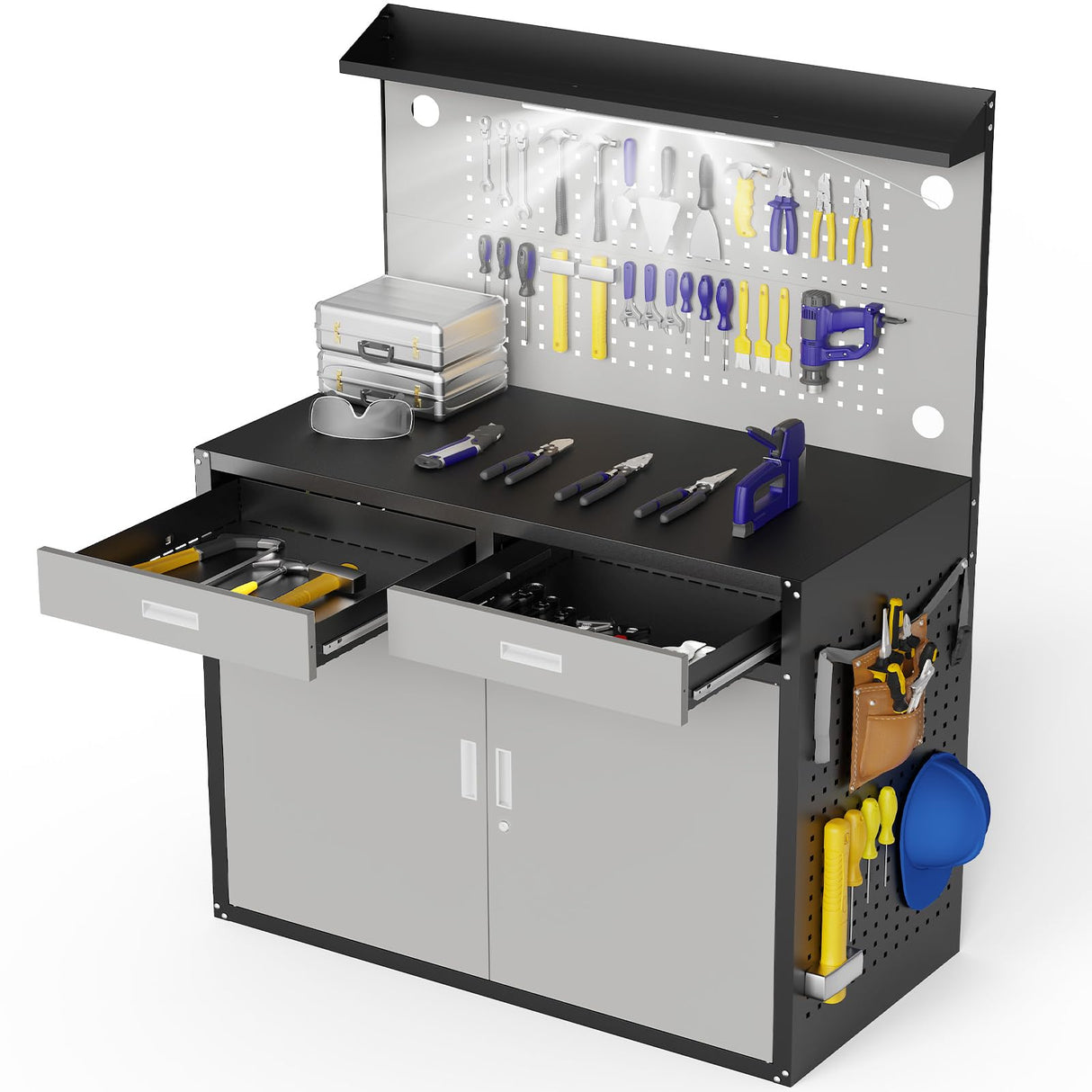 Eltean 65" Heavy Duty Work Bench with Storage, 2000 LB Capacity Garage Work Table with Adjustable LED Lighting、Lockable Cabinet、Drawers & Pegboard ，Work Benches for Garage、Workshop, Basement Eltean