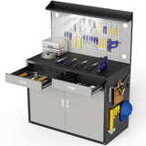 Eltean 65" Heavy Duty Work Bench with Storage, 2000 LB Capacity Garage Work Table with Adjustable LED Lighting、Lockable Cabinet、Drawers & Pegboard ，Work Benches for Garage、Workshop, Basement Eltean