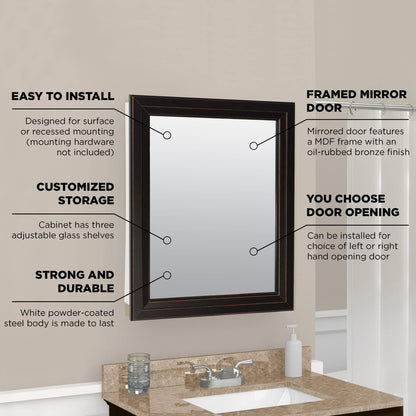 Zenna Home Surface or Recess Mount Framed Mirror Medicine Cabinet, 24.5” W x 30.5” H, Oil Rubbed Bronze