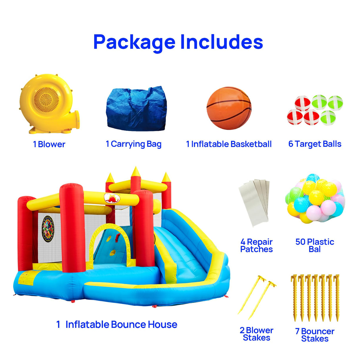 WELLFUNTIME Inflatable Bounce House with Slide, Jumping Castle with Blower, Climbing Wall, Dartboard, Basketball Hoop and 50 Ball Pit Balls, 108x122x86 Inch WELLFUNTIME