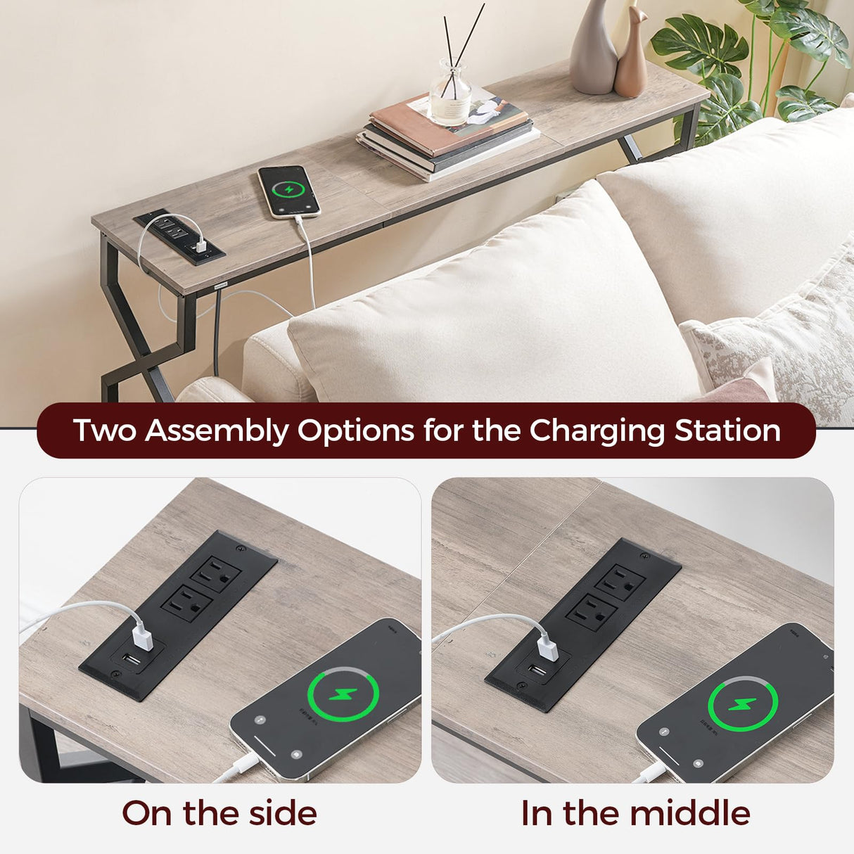 MAHANCRIS Console Sofa Table, 44.9" Entryway Table with Power Station, Narrow Couch Table, Hallway Table, Sofa Table with USB Ports, Metal Frame, for Entrance, Living Room, Greige CTHG113E01 MAHANCRIS
