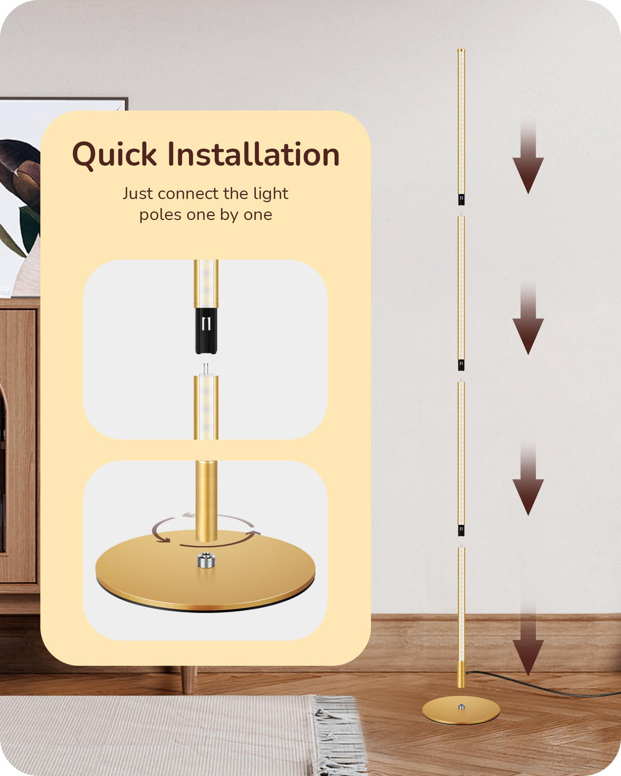 EDISHINE LED Corner Floor Lamp, Modern Slim Dimmable Light, Adjustable Height, 57.5" Minimalist Tall Lamp for Living Room, Bedroom, Office, 3000K Warm White Light (Gold) EDISHINE