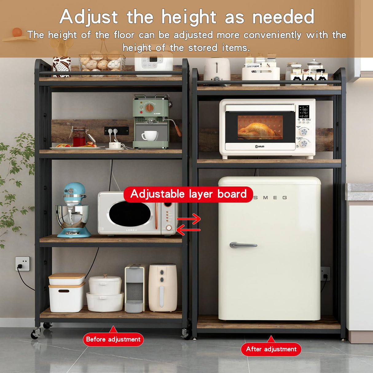 METYERRY Adjustable 4-Tier Heavy Duty Kitchen Baker's Rack with Power Outlet, with Industrial Wheels, Free Standing Microwave Oven Cart Stand for Storage in Living Room, Garage, Rustic Brown METYERRY