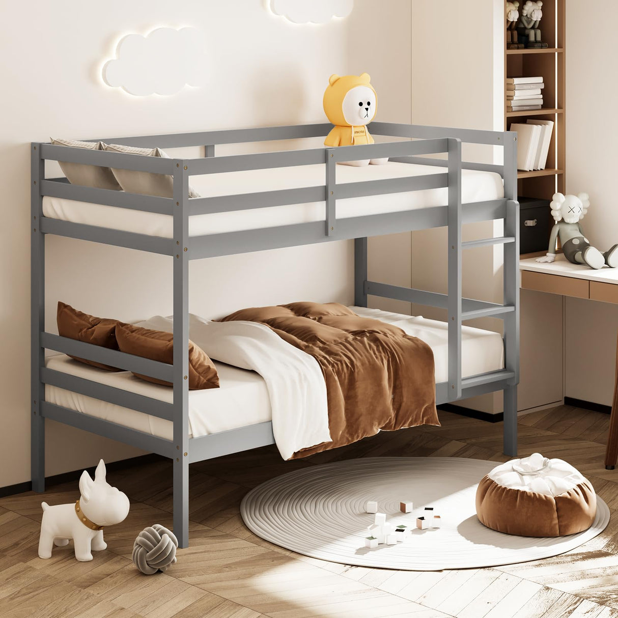 Giantex Twin Over Twin Solid Wood Bunk Bed with Safety Guard Rails and Ladder in Grey Giantex