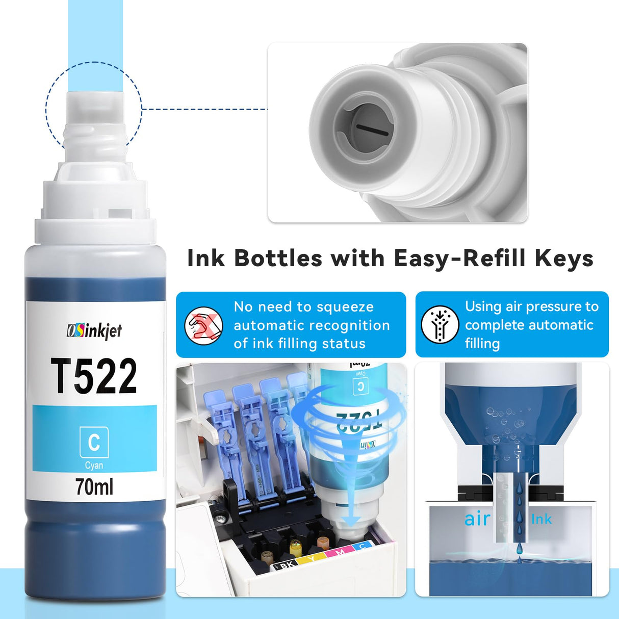 Osinkjet 522 Ink Refill Bottles for Eco Tank ET-2800 ET-2720 ET-2803 ET-2400 ET-4800 ET-4700, 522 Ink Bottle for Eco Tank ET-2840 ET-4810 Printer, T522 Ink Refill Bottles Combo Pack(3BK C M Y) Osinkjet