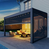 MELLCOM Louvered Pergola with Screen 10x13, Wall-Mounted Adjustable Pergola, Lean to Aluminum Gazebo with 3 Pull-Down Screen Sides and Adjustable Roof for Backyard, Dark Gray MELLCOM