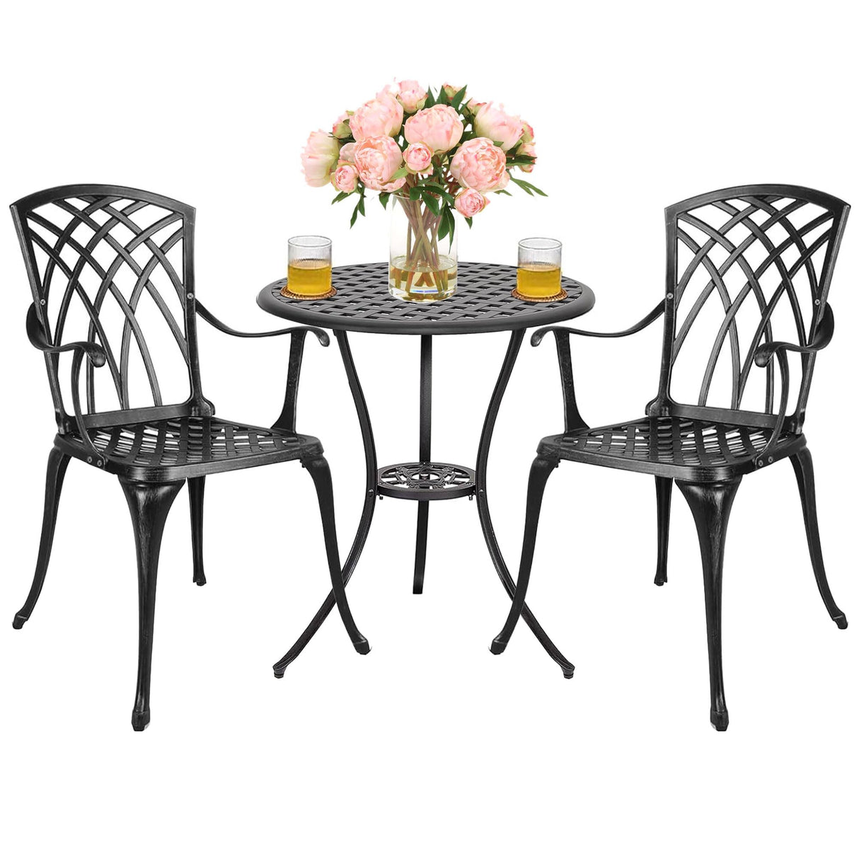Polar Aurora 3 Piece Patio Bistro Set Cast Aluminum Bistro Table Set Outdoor Round Dining Table with Umbrella Hole for Porch, Lawn, Garden, Backyard, Pool,Black Polar Aurora