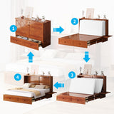 Mjkone Queen Murphy Bed Cabinet with Tri-Folding Mattress, Distressed Wooden 63" W Cabinets Wall Chest Beds with Built-in Charging Station & Storage Drawer for Office Guest Bedroom Living Room, Cherry Mjkone