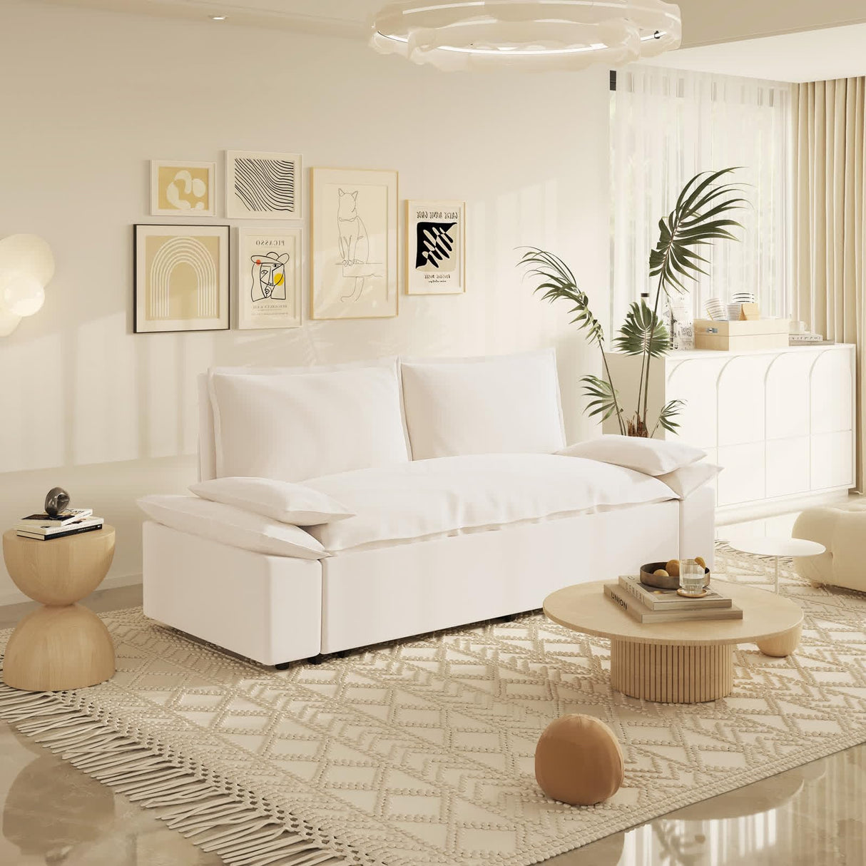 UPYOOE 70.1" Futon Sofa Bed Queen Size, Pull Out Bed, 3-in-1 Convertible Sleeper Sofa with 2 Soft Pillows, Modern Velvet Futon Couch for Living Room, Small Space, Apartment, Bedroom, Beige UPYOOE