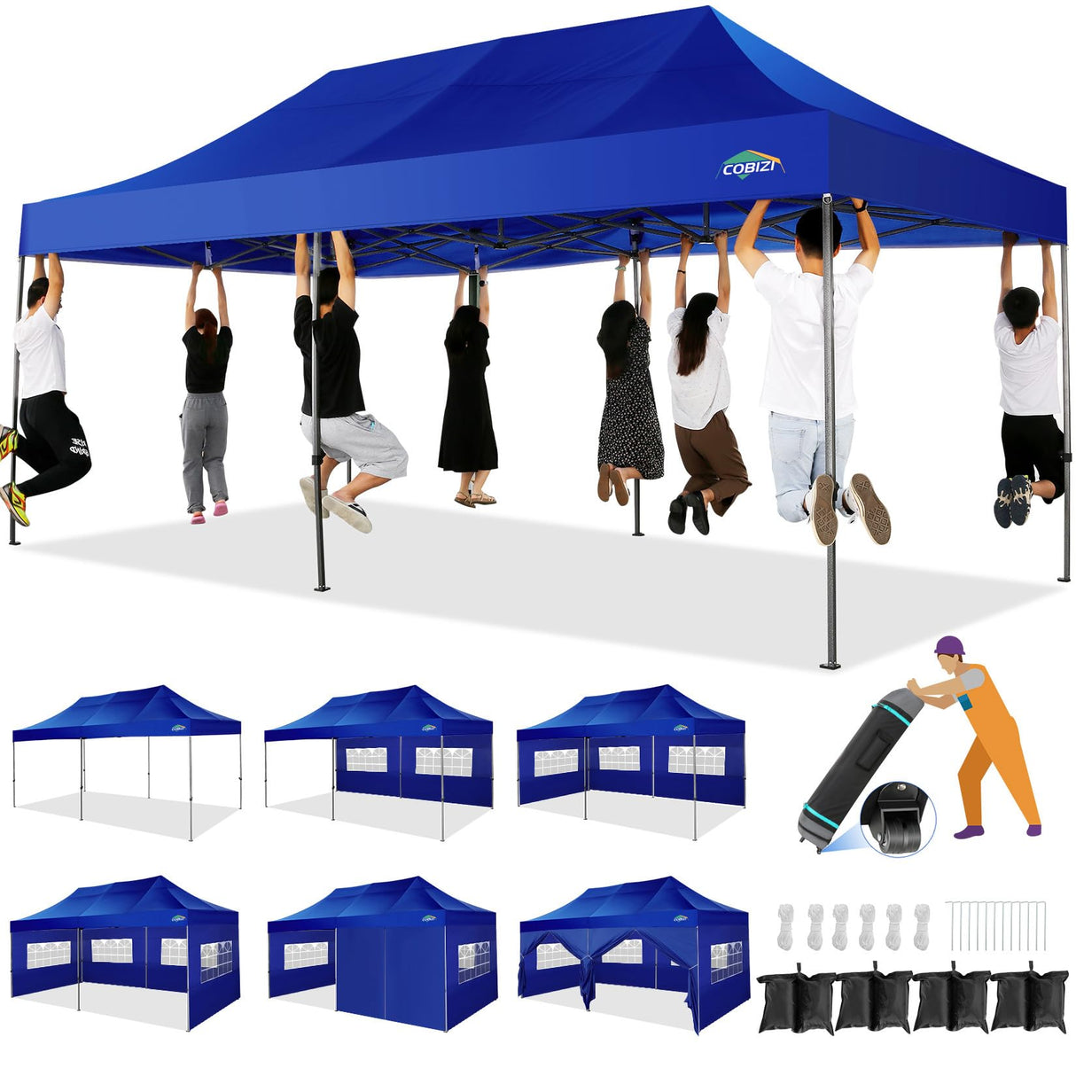COBIZI 10x20 Heavy Duty Pop up Canopy Tent with 6 sidewalls Easy Up Commercial Outdoor Canopy Wedding Party Tents for Parties All Season Wind & Waterproof Gazebo with Roller Bag,Navy Blue(Thickened) COBIZI