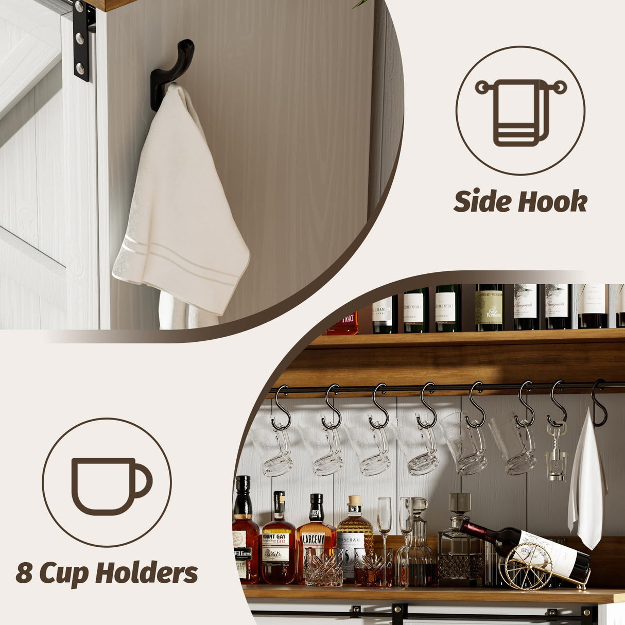 4ever2buy Farmhouse Coffee Bar Cabinet with 8 Hooks, 55” Kitchen Hutch Cabinet with Storage, White Coffee Bar with Sliding Barn Doors, Wine Bar Cabinet with 12 Racks for Living Dining Room 4ever2buy