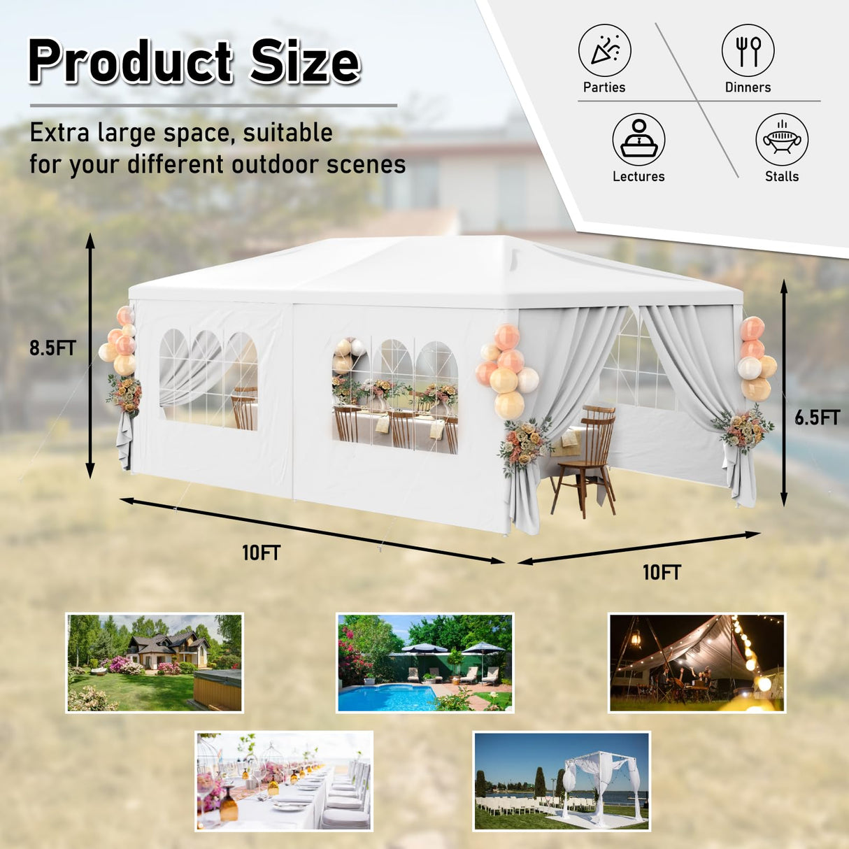 White Party Tent 10x20 Outdoor Canopy Tent with 6 Removable Sidewalls Heavy Duty Wedding Events Tents for Parties Waterproof Patio Gazebo Shelter for Birthday Graduation Backyard DOINUO