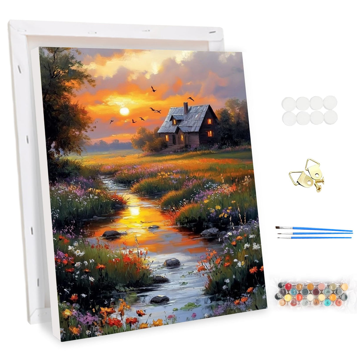 EOBROMD Framed Paint by Numbers Kits for Adults Countryside Sunset, DIY Painting Kits for Adults Beginner, Painting on Stretched Canvas Oil Paint by Numbers for Home Decor Gift 12x16inch EOBROMD