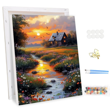 EOBROMD Framed Paint by Numbers Kits for Adults Countryside Sunset, DIY Painting Kits for Adults Beginner, Painting on Stretched Canvas Oil Paint by Numbers for Home Decor Gift 12x16inch EOBROMD