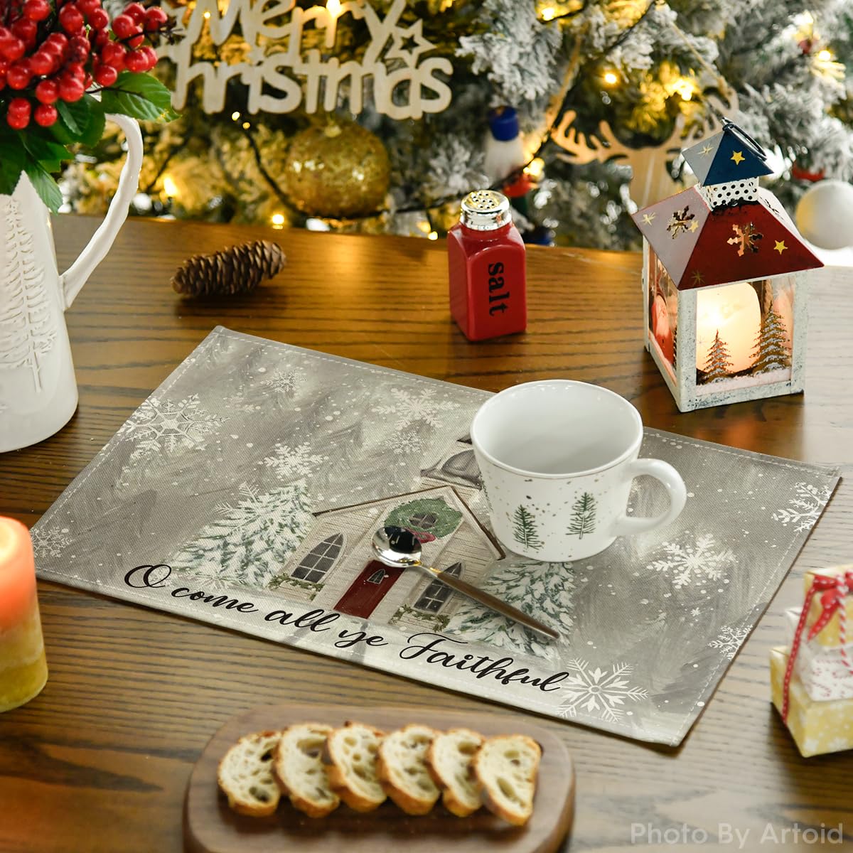 Artoid Mode Church Xmas Trees Snowflakes Merry Christmas Placemats Set of 4, 12x18 Inch Winter Table Mats for Party Kitchen Dining Decoration Artoid Mode