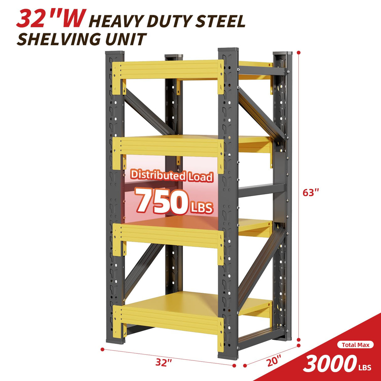 Welfiya 32" W Garage Shelving,4-Tier Heavy Duty Storage Shelves Unit with Adjustable Metal Shelf for Warehouse,Basement,Workshop,3000LBS,32" W x 20" D x 63" H,Black&Yellow Welfiya