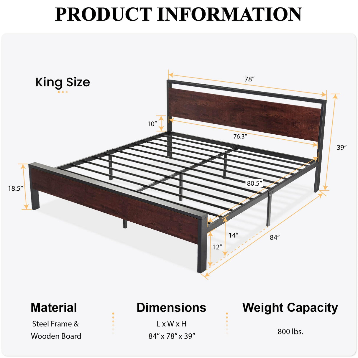 SHA CERLIN 14 Inch King Size Metal Platform Bed Frame with Rustic Wooden Headboard and Footboard SHA CERLIN