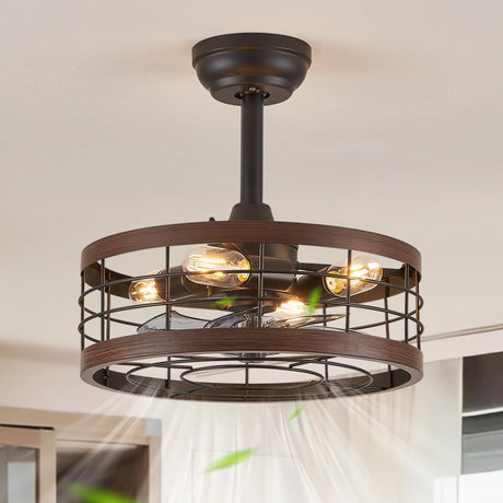 LEDIARY 16.5in Caged Ceiling Fan with Light, Bladeless Industrial Ceiling Fan with Remote, Rustic Metal Fan Lights Ceiling Fixtures for Kitchen, Farmhouse, Bedroom（6 Speed,1/2/4/8h Timing）-Walnut LEDIARY