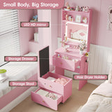 Vabches Small Vanity Desk Set with 3 Adjustable Lighted Mirror and Storage Chair, Vanity Set with Charger Station, Small Spaces Vanity Table for Bedroom，Pink Vabches