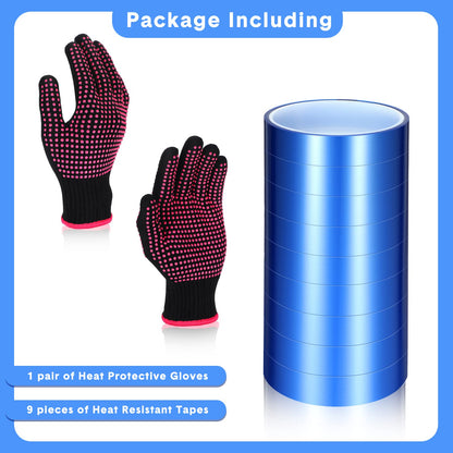 Heat Resistant Gloves and Sublimation Heat Tape, 9 Rolls High Temperature Tape with 1 Pair Heat Gloves for Sublimation Silicone Bump, Heat Tape Heat Transfer Tape, 10 Piece Set