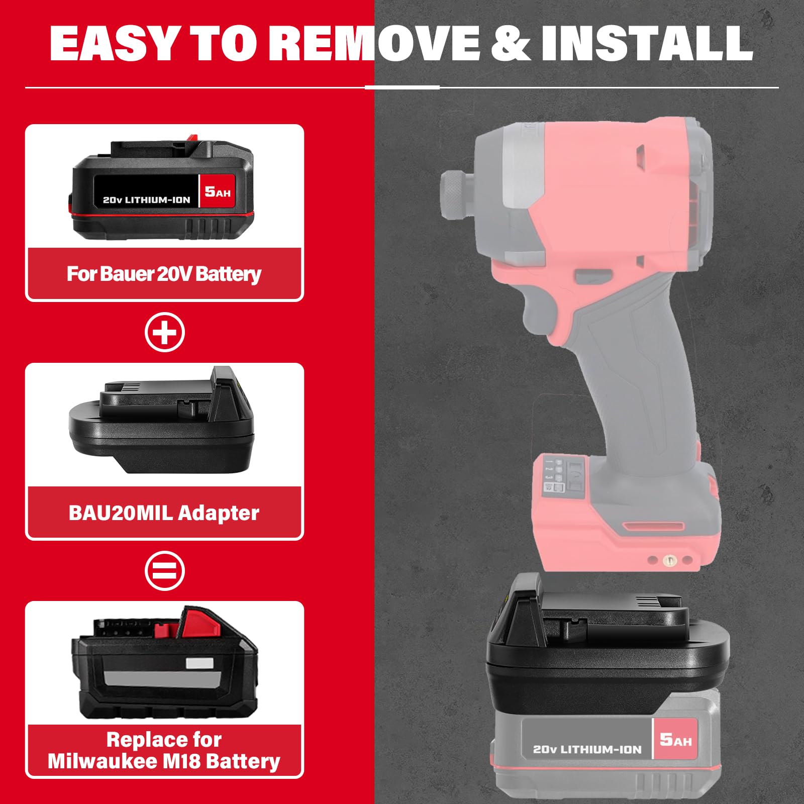 DEWDYS Adapter for Bauer to for Milwaukee 18V M18 Tools, for Bauer 20V Hyper Max Lithium Battery Convert to for Milwaukee M18 18V Battery,Fit for Milwaukee M18 18Volt Cordless Power Tools Use - WoodArtSupply