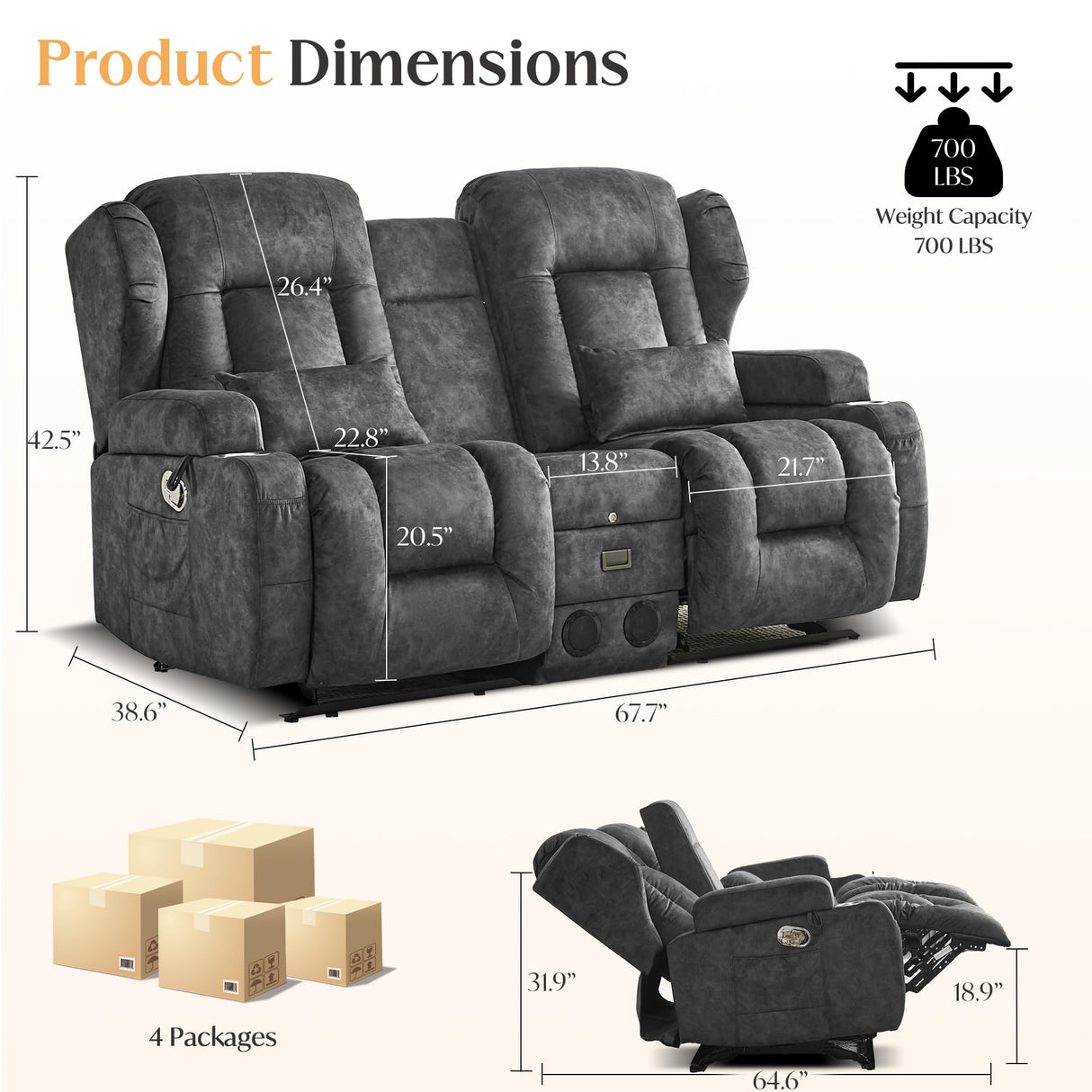 DRMBOOK Loveseat Rocker Recliner Sofa, Velvet Fabric Double Reclining Couches with Console, Manual Reclinable Dual Recliner Chair, RV Movie Theater Seating with USB/Bluetooth Speaker (Velvet Grey) DRMBOOK