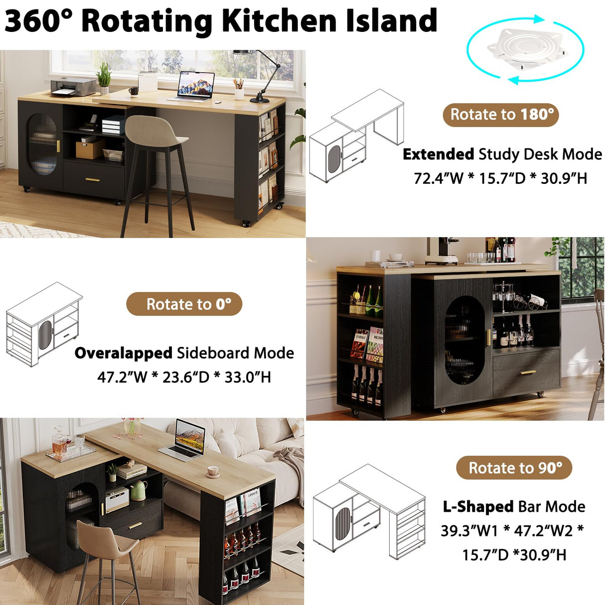 HSH 72" Rolling Kitchen Island with Seating, 360° Swivel Table, Kitchen Island with Storage Cabinet, Drawer & Shelves, Farmhouse Mobile Island Cart on Wheels for Dining Room & Home Bar, Black Oak HSH