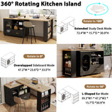 HSH 72" Rolling Kitchen Island with Seating, 360° Swivel Table, Kitchen Island with Storage Cabinet, Drawer & Shelves, Farmhouse Mobile Island Cart on Wheels for Dining Room & Home Bar, Black Oak HSH