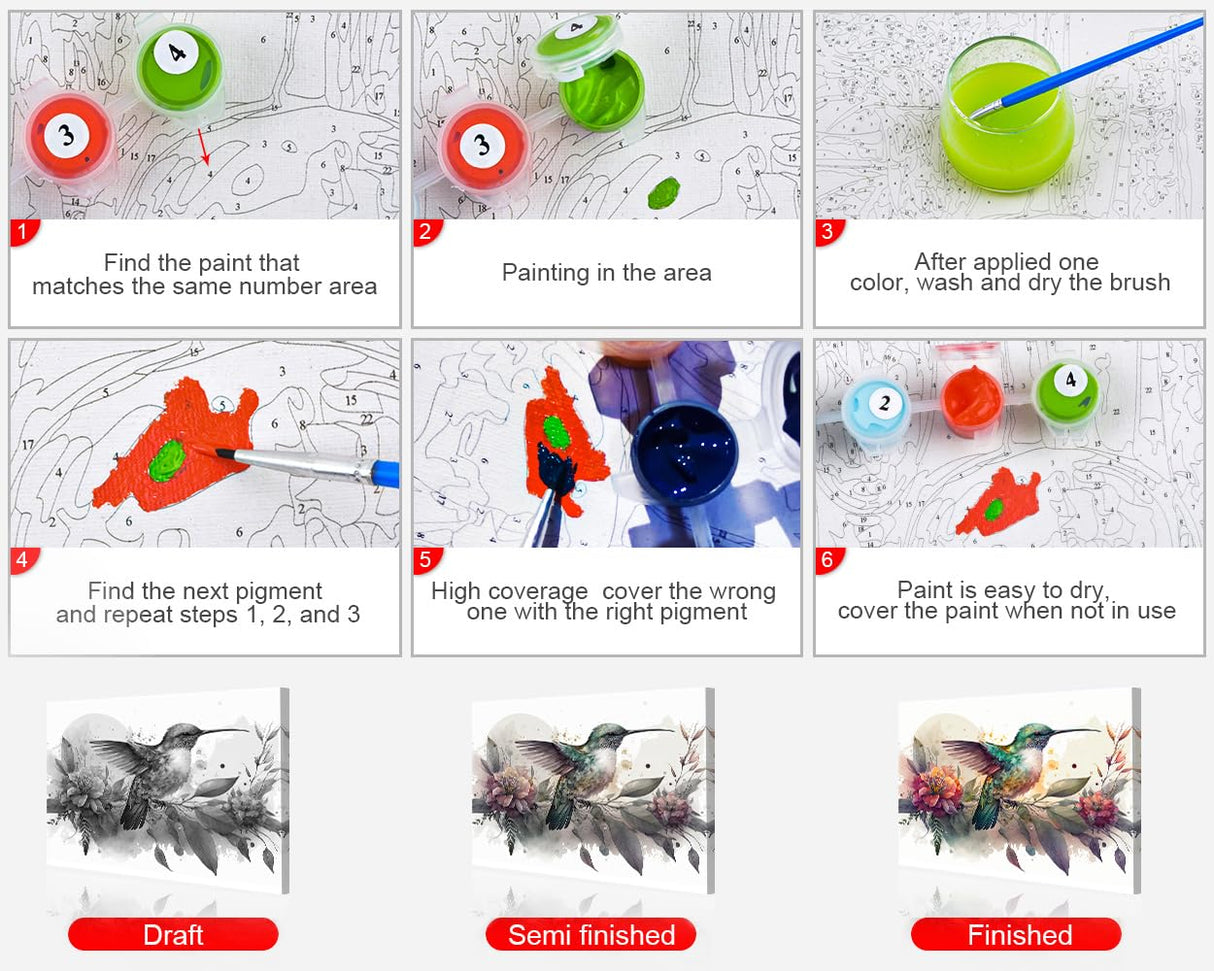 TUMOVO Abstract Paint by Number Kit - Colorful Hummingbird with Flowers - Easy Adult Art Craft - 16"x20" (Frameless) TUMOVO