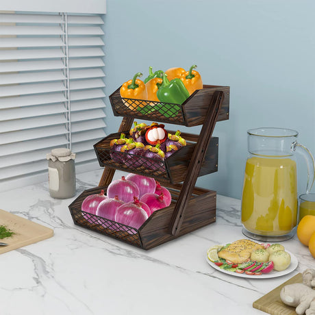 Dorhors Fruit Basket for Kitchen, 3 Tier Fruit Bowl for Kitchen Counter,Wooden Fruit Holder for Kitchen Countertop Dorhors