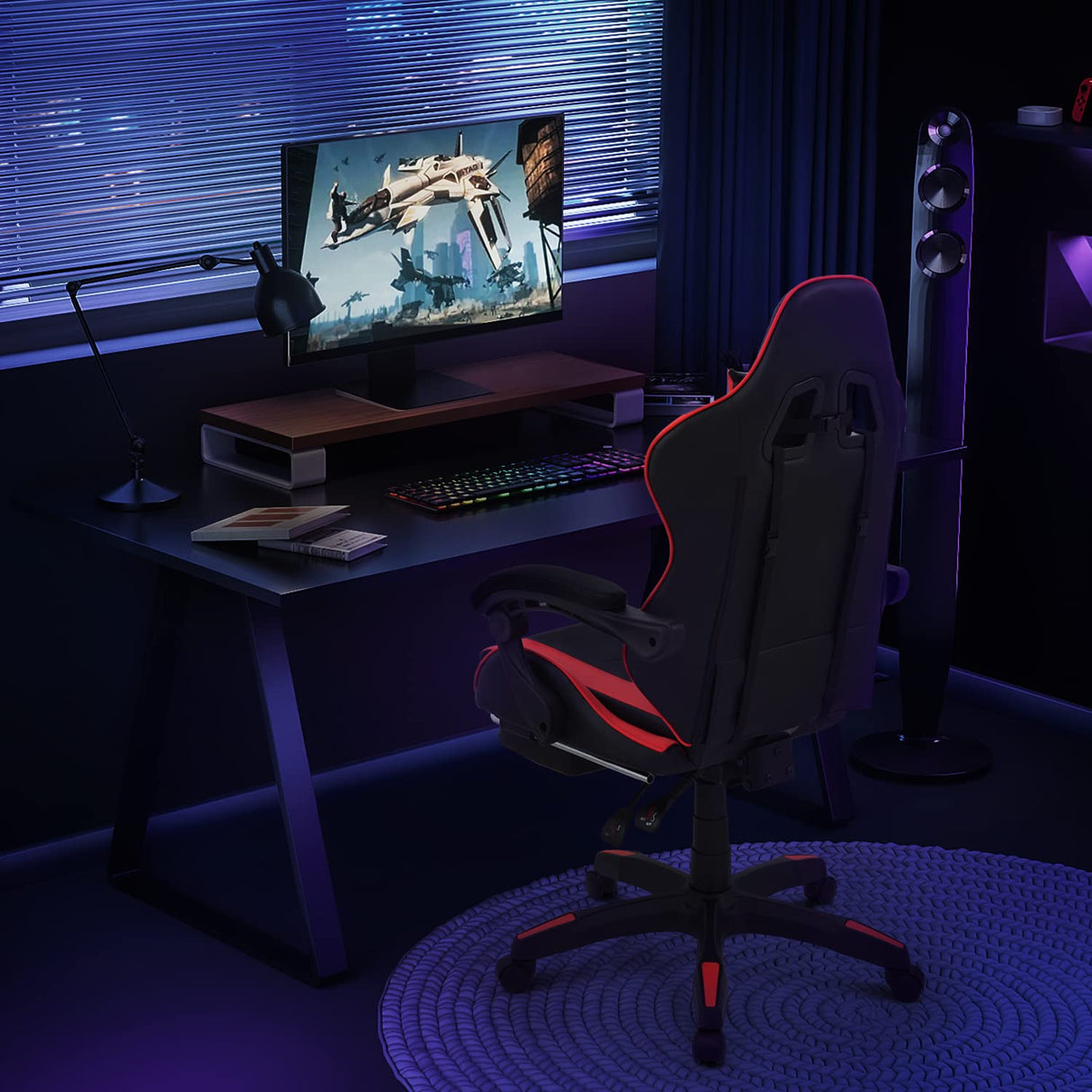 MoNiBloom Gaming Chair with Footrest High Back Video Game Chair with Headrest & Lumbar Support Height Adjustable Leather Swivel Computer Chair for Adult Teen Office or Gaming, Red MoNiBloom