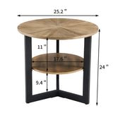 LEEMTORIG Round End Table with Storage, Farmhouse Circle Side Table for Living Room, Solid Wood 2-Tier Nightstand, Natural Wood Tabletop & Black Metal Frame, 25.2" D x 24" H, CJZ-1338 LEEMTORIG