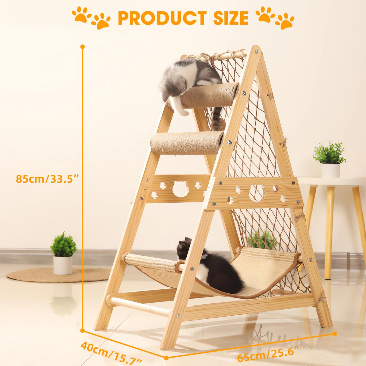 emopaw 34'' H Wooden Cat Tree, Triangle Design with Cat Hammock & Sisal Scratch Post & Feather Toys, Solid Wood Cat Tower for Kitten or Small Cat emopaw